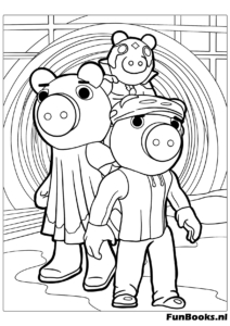 Personages uit het Roblox spel Piggy die samen staan en er eng uitzien kleurplaat
