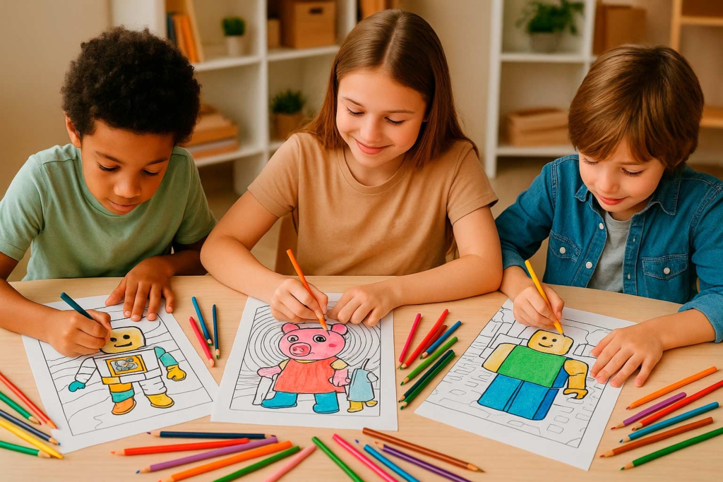 Detailed Roblox game scene coloring sheet for screen-free activity. Customizable Roblox skin coloring page for children, Roblox obby map coloring page for early learning, Funny Roblox characters printable coloring sheet