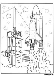Large rocket ship attached to launch tower ready for liftoff coloring page