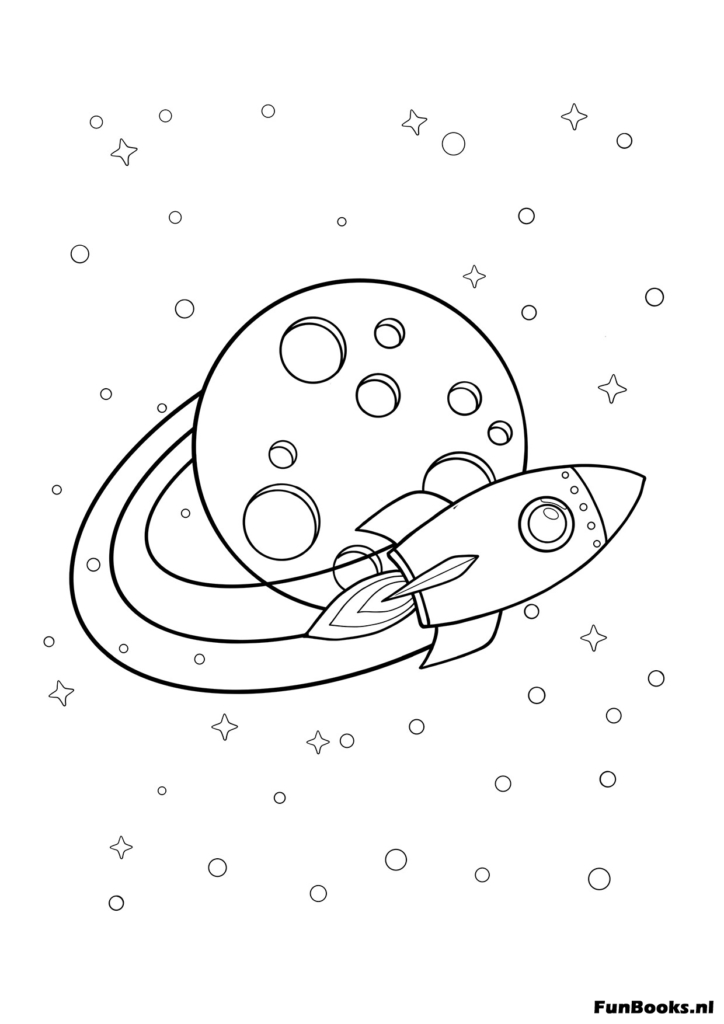 Small rocket flying around a ringed planet coloring page