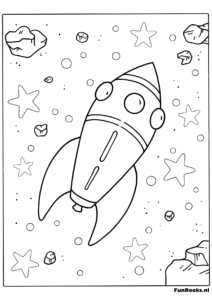 Rocket ship zooming through a starry sky coloring page