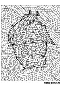 Old sailing ship boat on the ocean created with mosaic tiles coloring page
