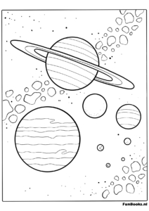 Planeet Saturnus met grote ringen en sterren kleurplaat