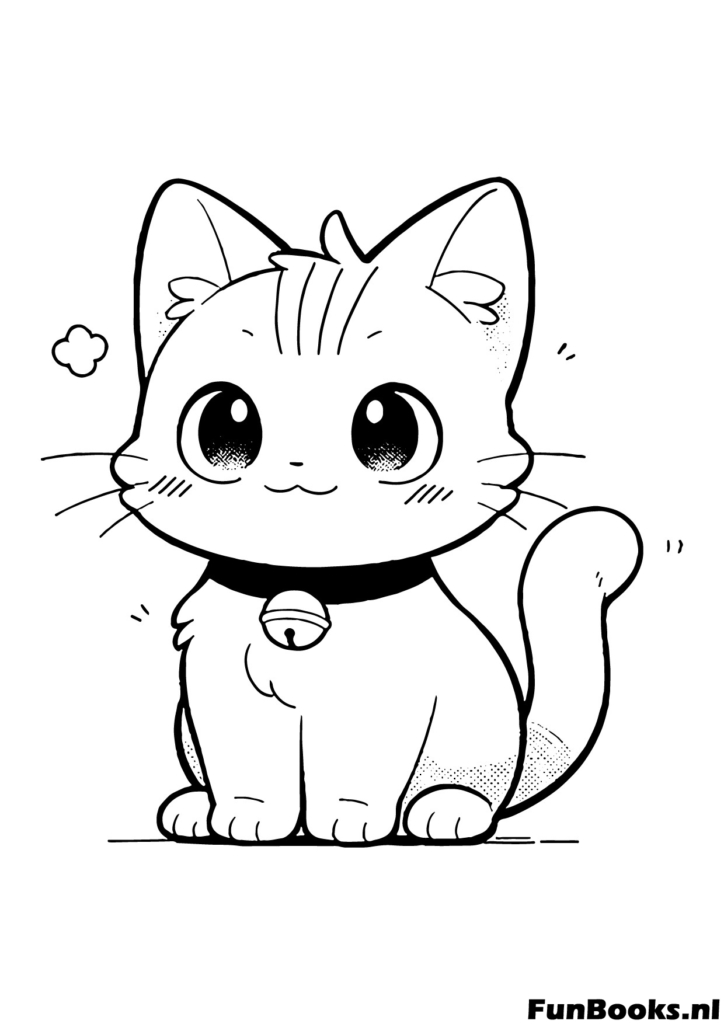 Eenvoudige tekening van een schattige kat die loopt met een halsband anime stijl kleurplaat