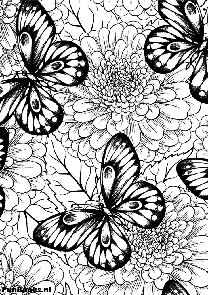 Schmetterlinge fliegen zwischen detaillierten Gartenblumen Naturszene Ausmalbild