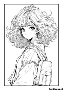 Anime Schülerin trägt einen Rucksack und läuft zur Schule Ausmalbild