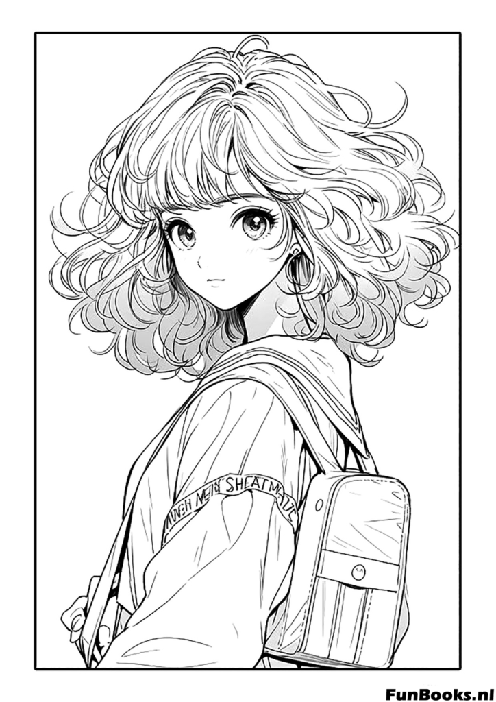 Anime Schülerin trägt einen Rucksack und läuft zur Schule Ausmalbild