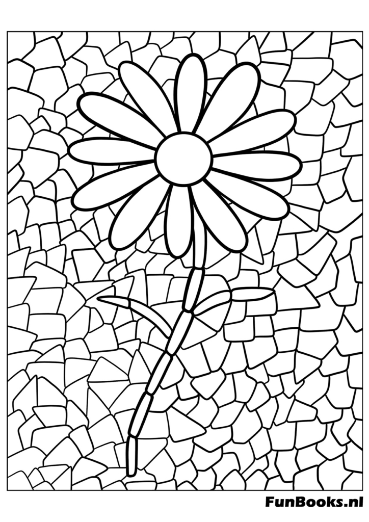 Single flower with stem in a stained glass mosaic design coloring page