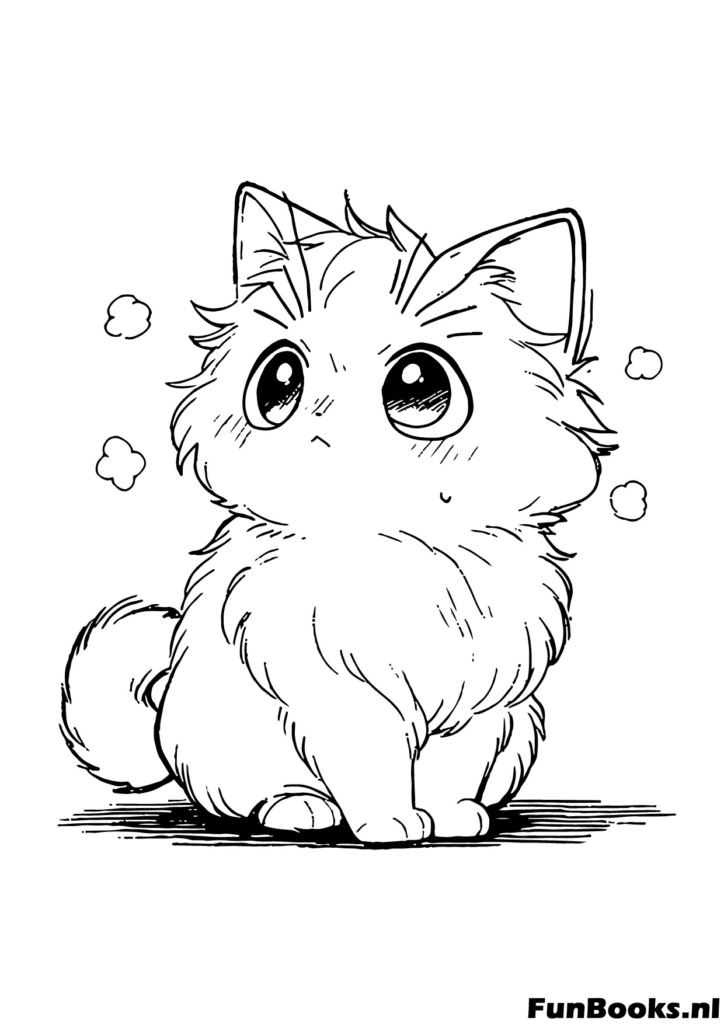Detailed sketch of a sitting anime cat with fluffy fur coloring page