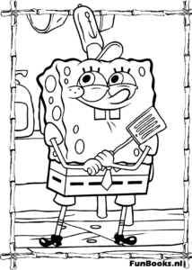 SpongeBob SquarePants draagt zijn Krokante Krab hoed en houdt een spatel vast klaar om Krabburgers te bakken kleurplaat