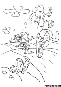 SpongeBob en zijn beste vriend Patrick Ster rennen over de zeebodem met kwallennetten en hebben plezier kleurplaat