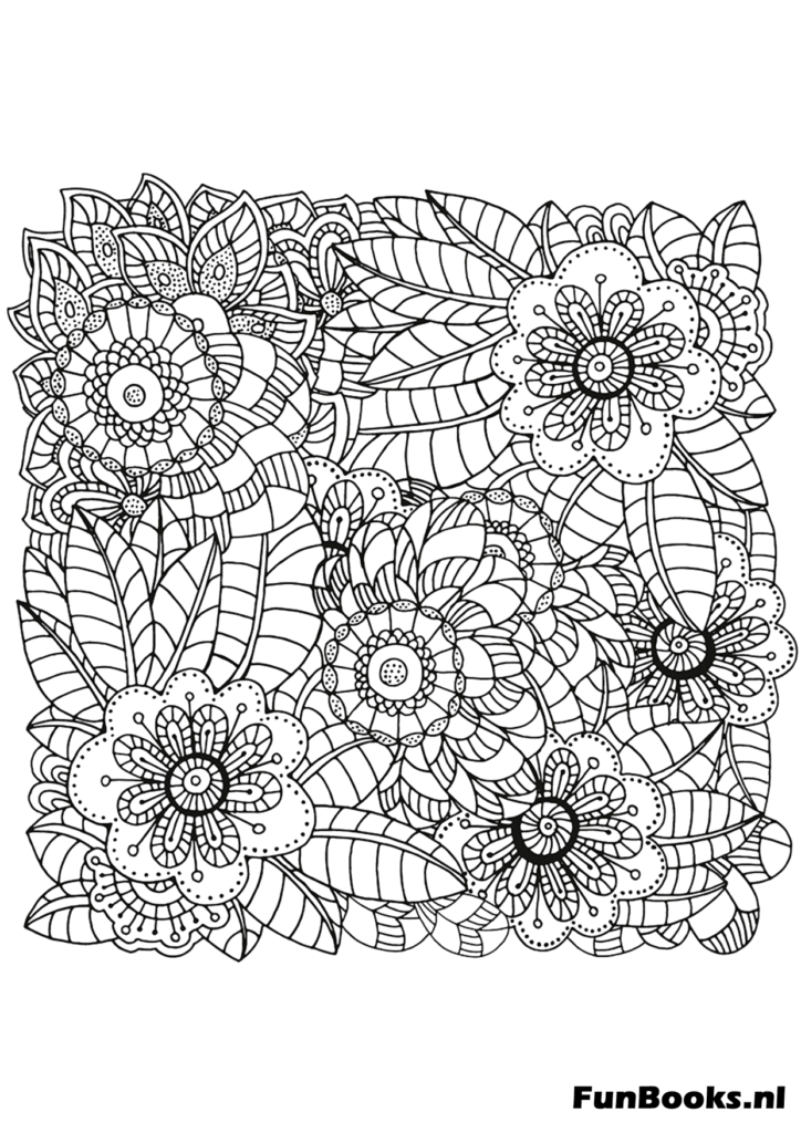 Square tile filled with a dense floral pattern for mindfulness coloring page