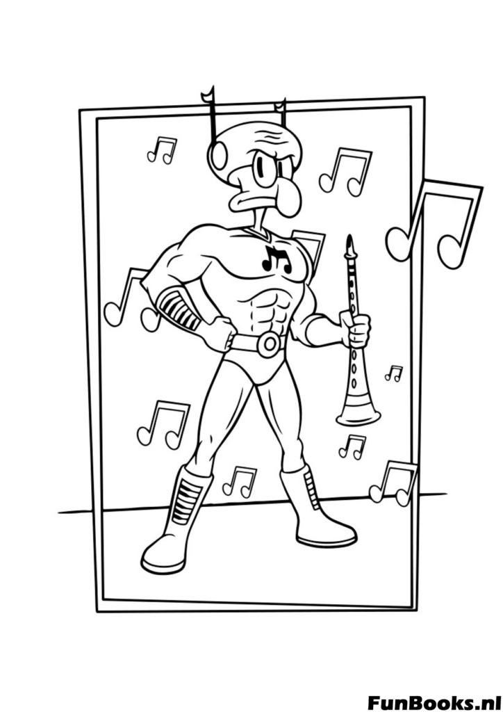 Squidward Tentacles dressed as the superhero Captain Magma with a volcano on his head holding a clarinet coloring page