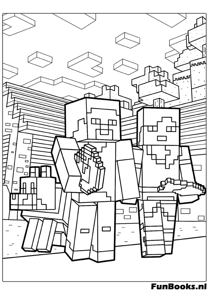 Steve and Alex skins standing together ready to build and explore coloring sheet