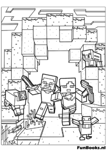 Steve and Alex running through a village with animals Minecraft coloring page for kids