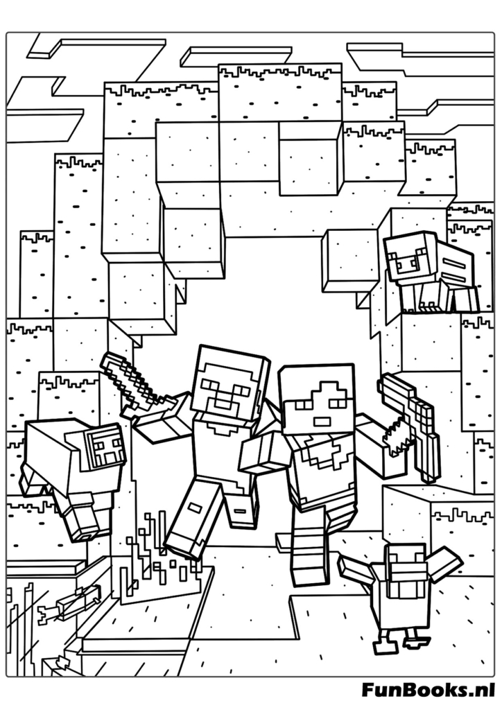 Steve and Alex running through a village with animals Minecraft coloring page for kids