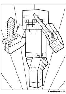 Steve erkundet eine tiefe Höhle mit Fackel und Spitzhacke Bergbau Ausmalbild