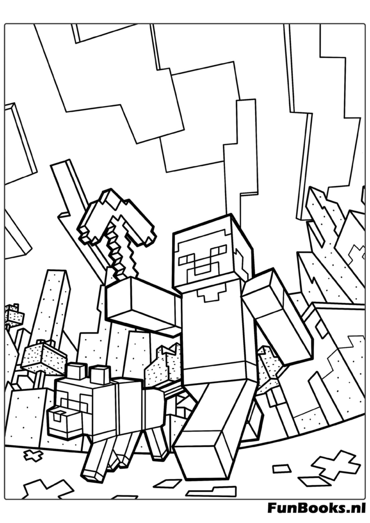 Spannende Kampfszene mit Steve gegen Monster in einer Höhle Minecraft Ausmalbild