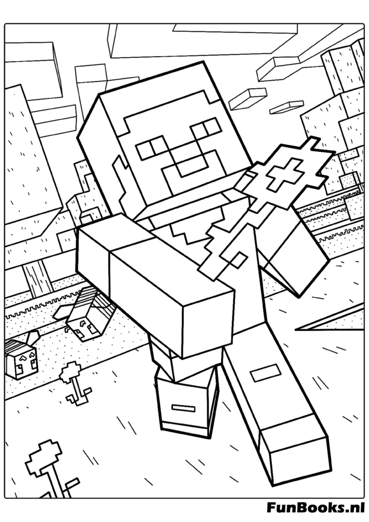 Steve mining a diamond or gold ore block with a pickaxe printable coloring page