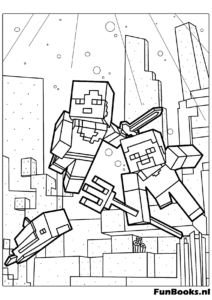 Steve doet een parkour sprong over obstakels Minecraft actie kleurplaat