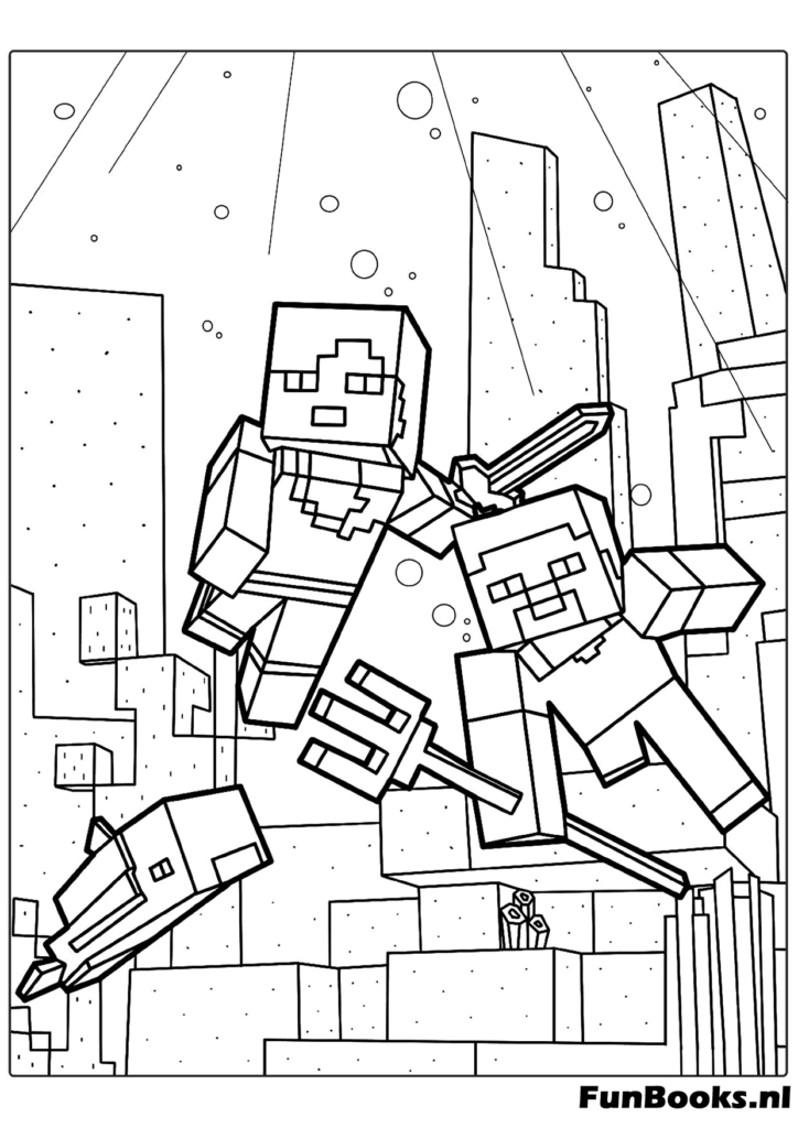 Steve doet een parkour sprong over obstakels Minecraft actie kleurplaat