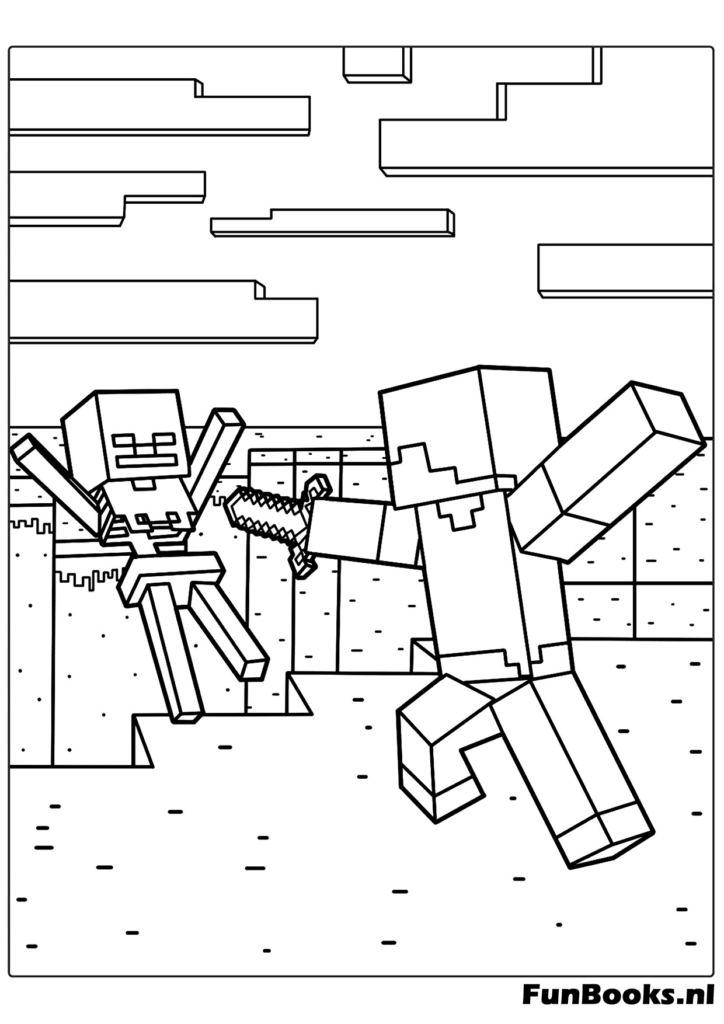 Steve defending himself against a skeleton archer attack action coloring page