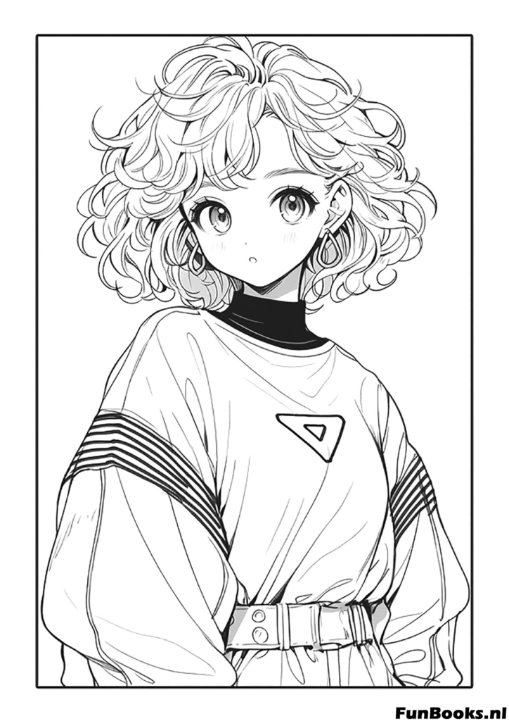 Liebes Anime Mädchen mit kurzem Bob-Haarschnitt und trendigem Pullover Ausmalbild