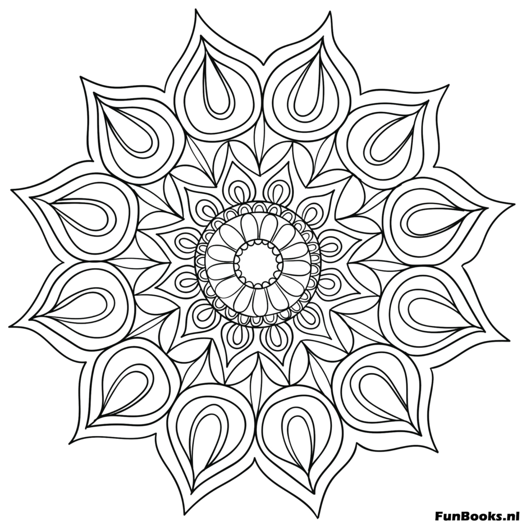 Radiant sunflower mandala with expanding petal layers coloring page