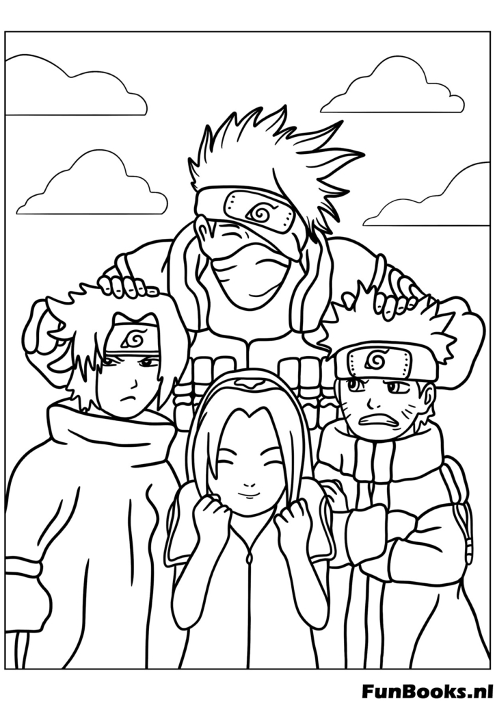 Het originele Team 7 met Kakashi Naruto Sasuke en Sakura samen staand kleurplaat