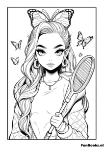 Sporty anime girl holding a tennis racket ready to play coloring page