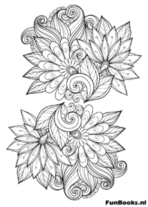 Symmetrische bloemenkrullen met grote bloesems en decoratieve bladeren kleurplaat