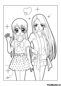 Two cute anime girls best friends posing together smiling coloring page