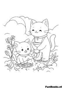 Two Cats Nature Scene Coloring Page Two cute anime cats playing together outdoors in nature coloring page