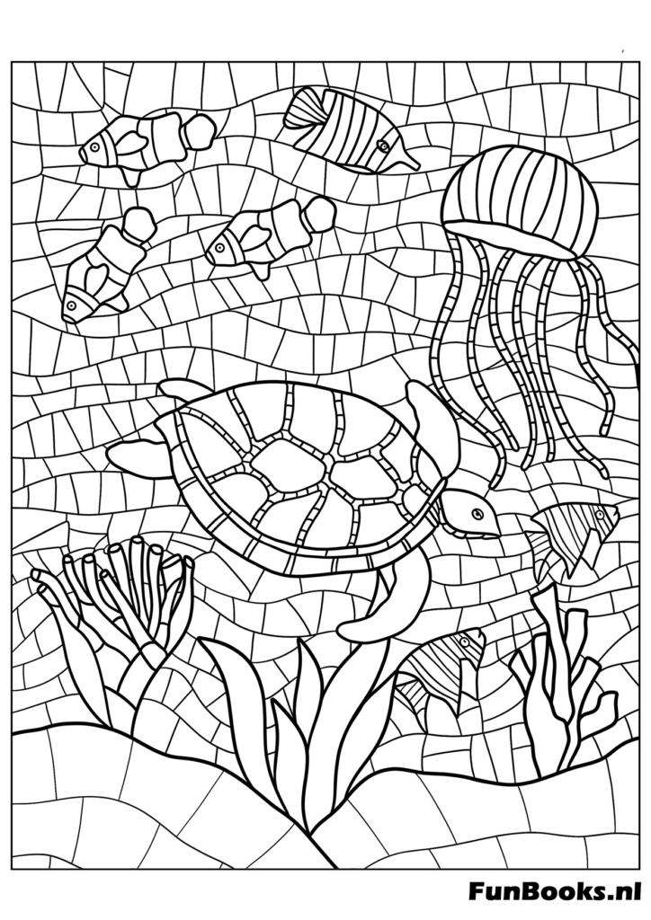Sea turtle jellyfish and fish swimming in a mosaic ocean coloring page