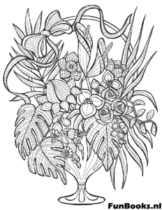 Vase filled with tropical flowers and monstera leaves still life coloring page