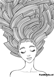 Portret van een vrouw met hoge abstracte zentangle haarpatronen voor ontspanning kleurplaat