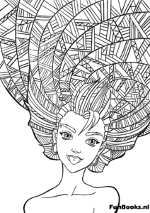 Portret van een vrouw met lang haar dat in de wind waait gedetailleerde lijnen kleurplaat