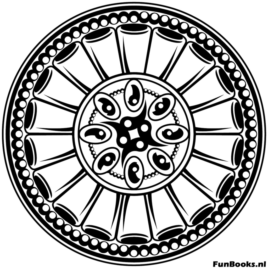 Geometric mandala resembling a wheel with spokes and dots coloring page