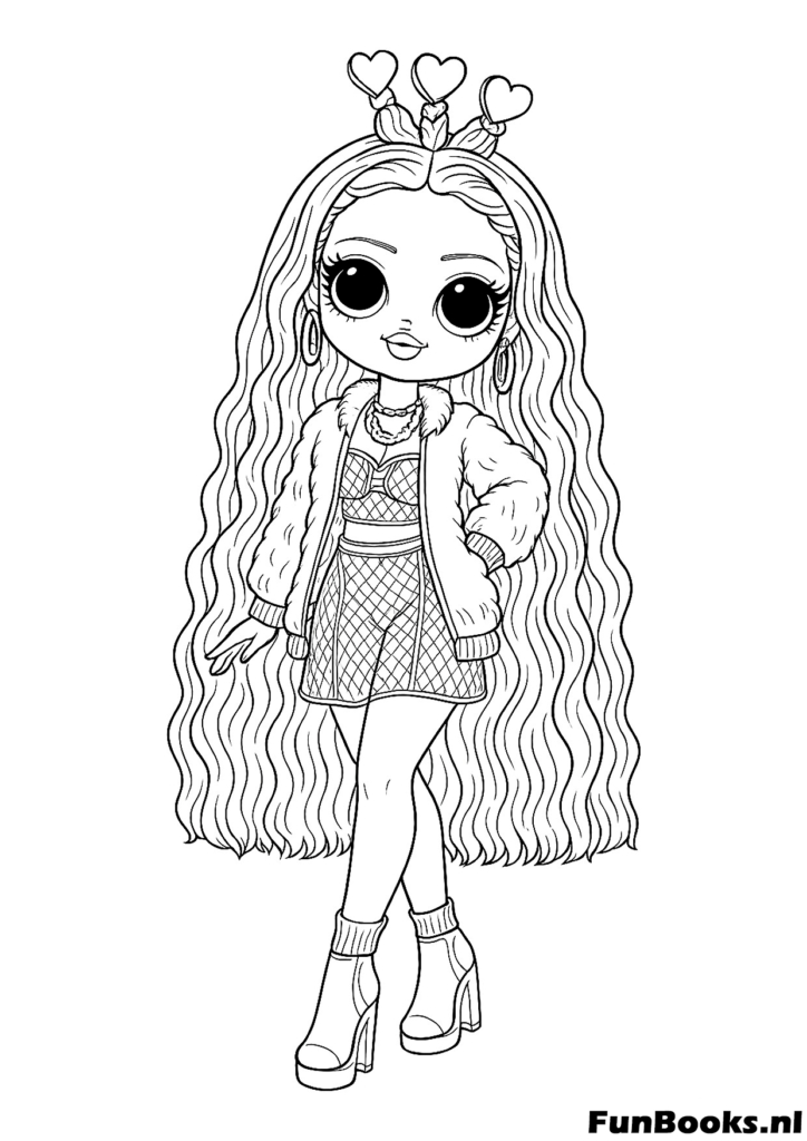 Stylish LOL doll wearing a winter coat and long wavy hair coloring page