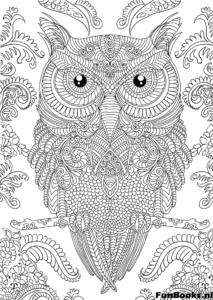 Wise owl with big eyes and detailed feathers coloring page