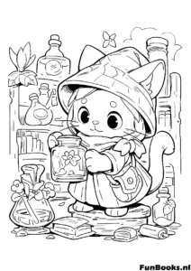 Wizard Witch Cat Magic Coloring Page Magical cat wearing a witch hat with potions and books fantasy coloring page