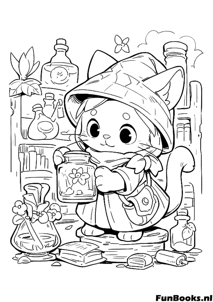 Magical cat wearing a witch hat with potions and books fantasy coloring page