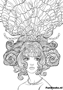 Woman with voluminous curly hair filled with doodle patterns art therapy coloring page