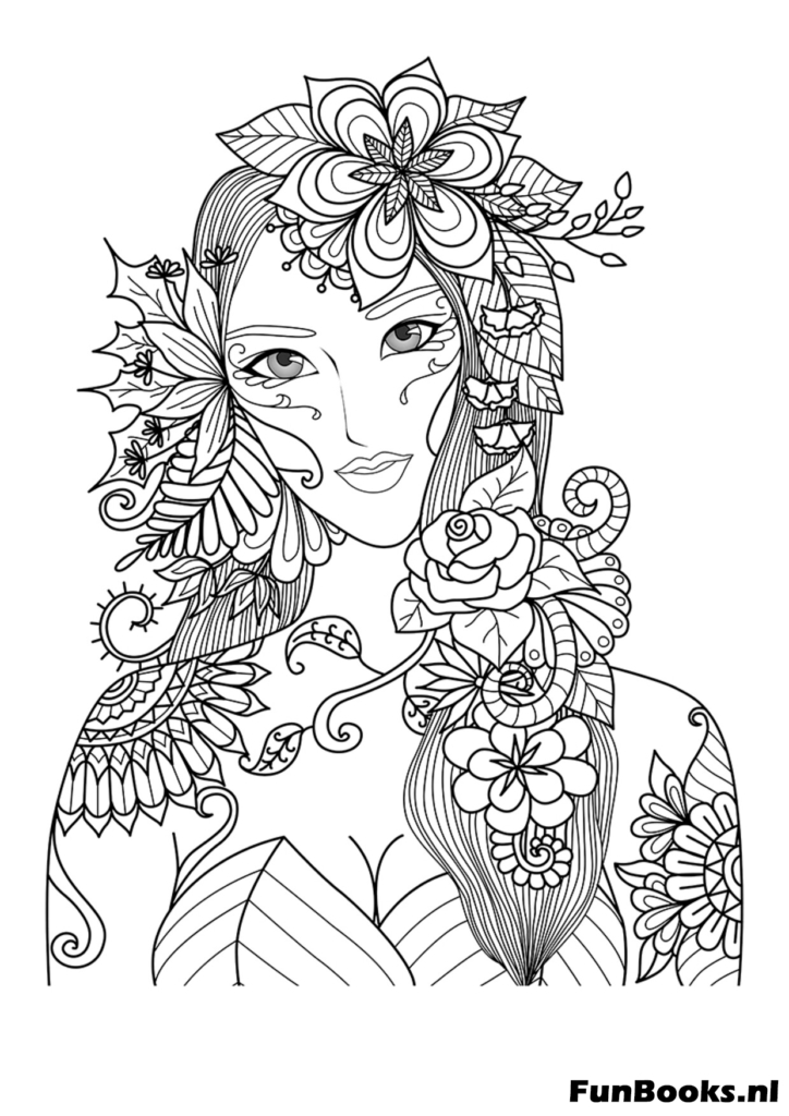 Art Nouveau style woman surrounded by floral blooms detailed coloring page