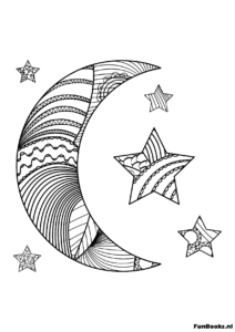 Halve maan met zentangle patronen en sterren kleurplaat