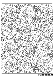 Muster aus Zinnien- oder Dahlienblüten mit vielen Blütenblättern zum detaillierten Ausmalen Ausmalbild