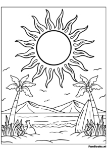 Felle zon schijnt over een berglandschap kleurplaat