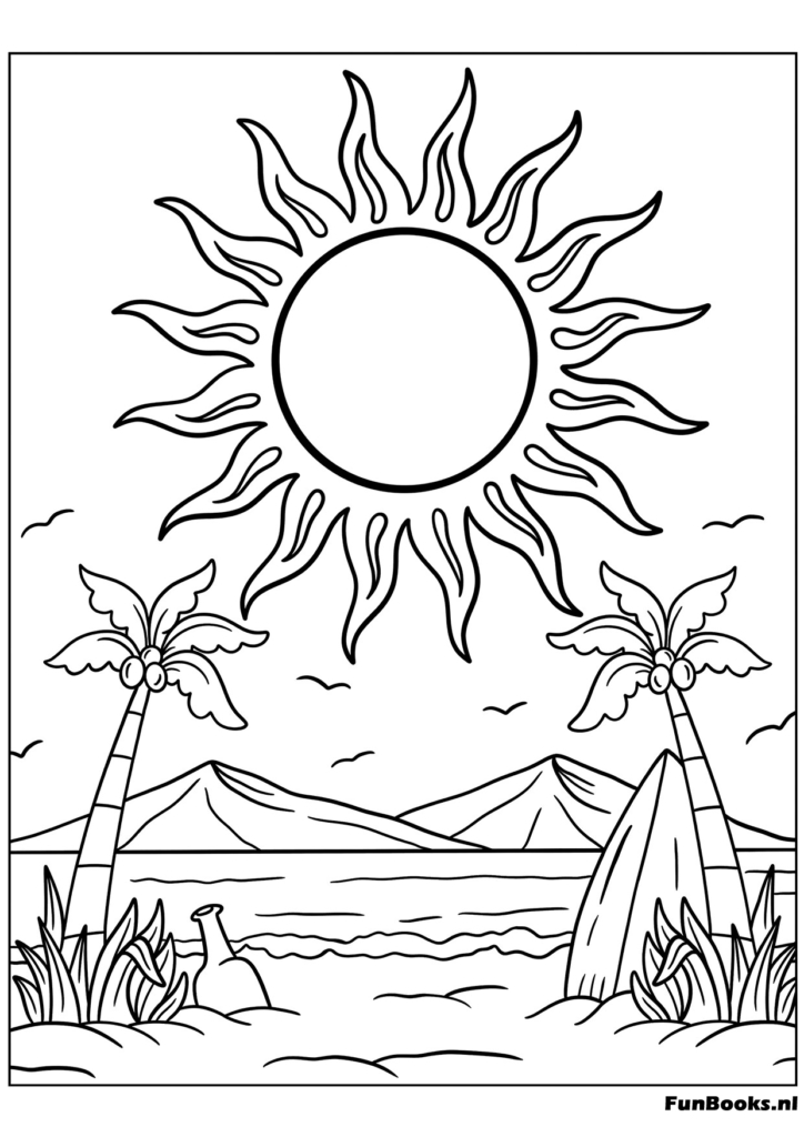 Felle zon schijnt over een berglandschap kleurplaat