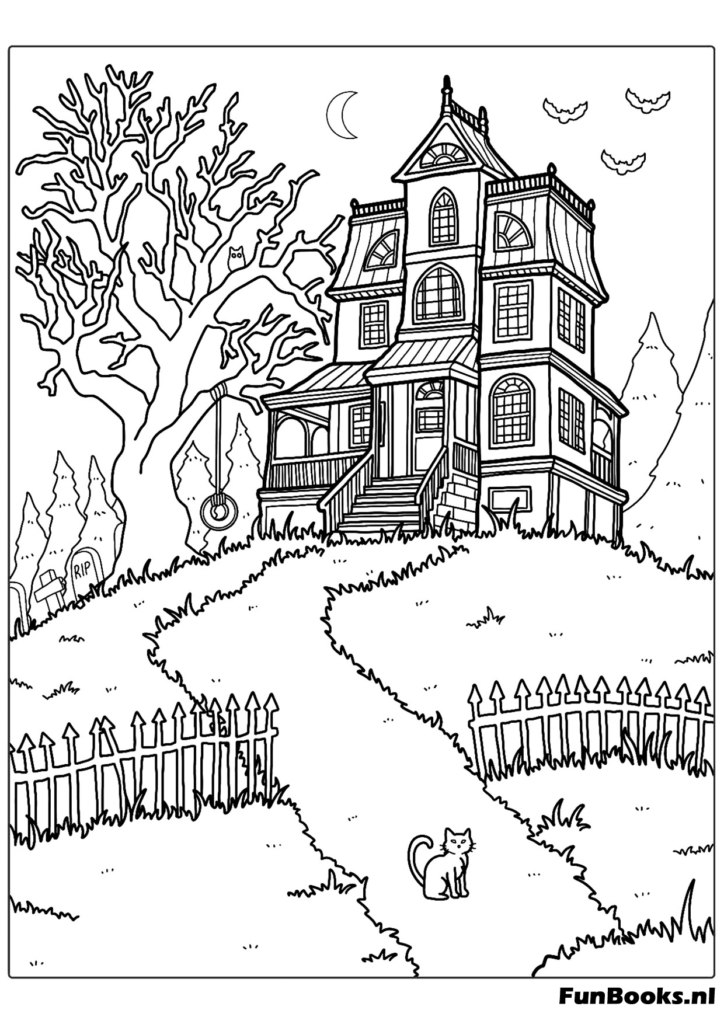 Château mystérieux de nuit — coloriage d’Halloween détaillé pour ados