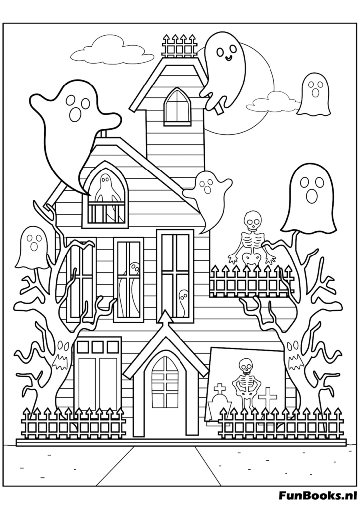 Fantôme heureux et chat noir — coloriage d’Halloween simple pour maternelle